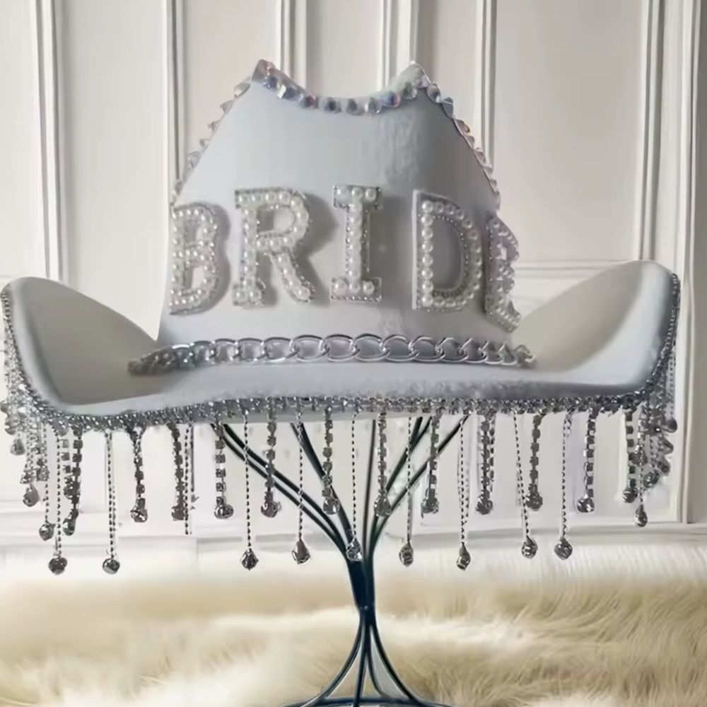Quality White BRIDE Pearl Accent AB Rhinestones Chain Fringe Western Cowboy Hat